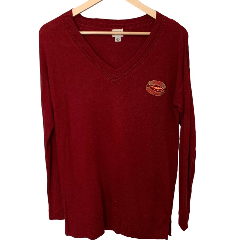 A New Day Red Kona Brewing Embroidered V-Neck Long Sleeve Knit Sweater Women’s M